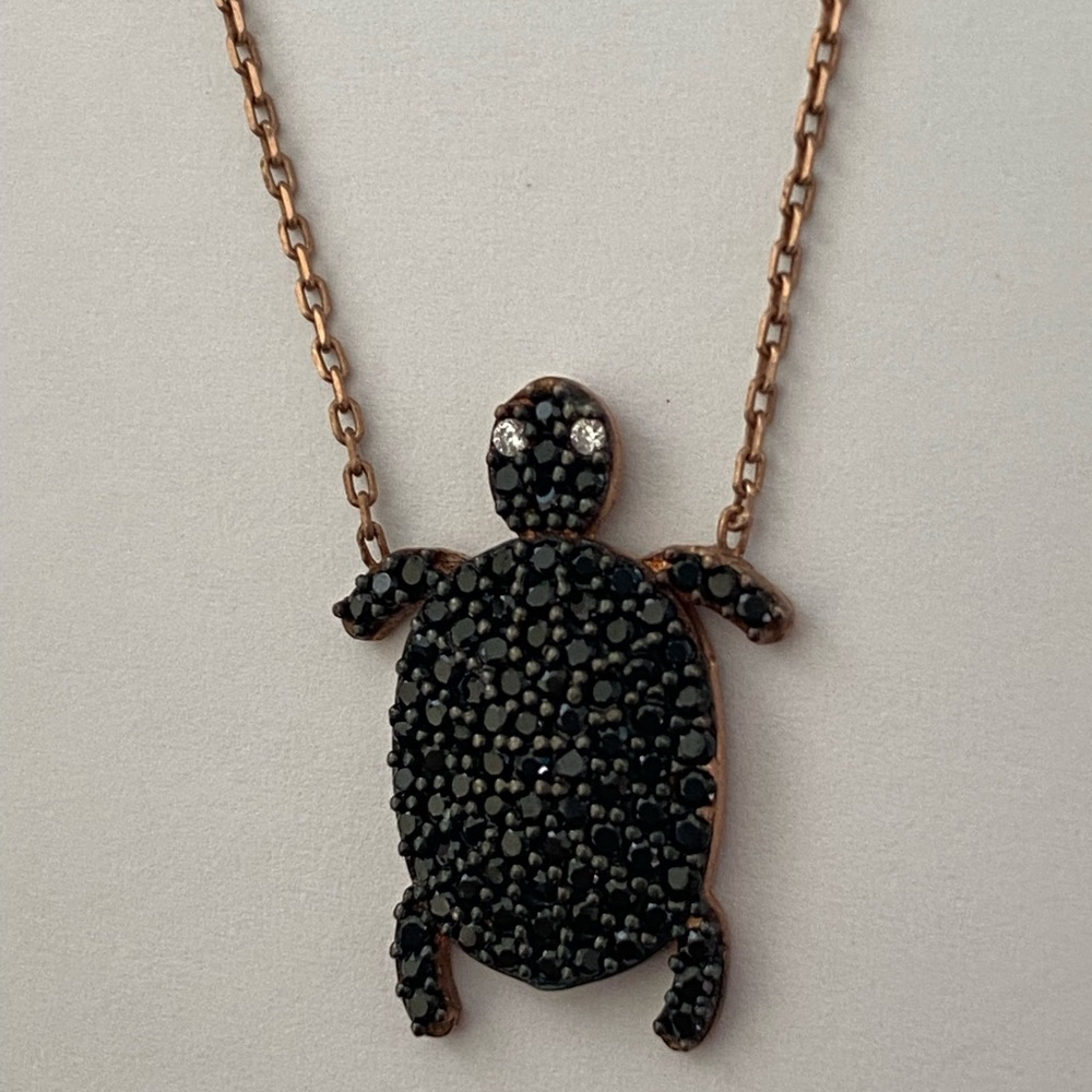 925 Silver turtle necklace black cz 14k rose gold plated